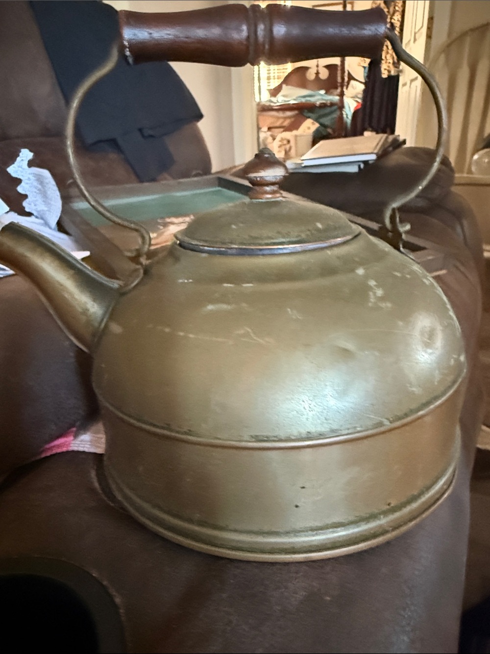 Vintage Brass-Color Tea Kettle with Wooden Handle